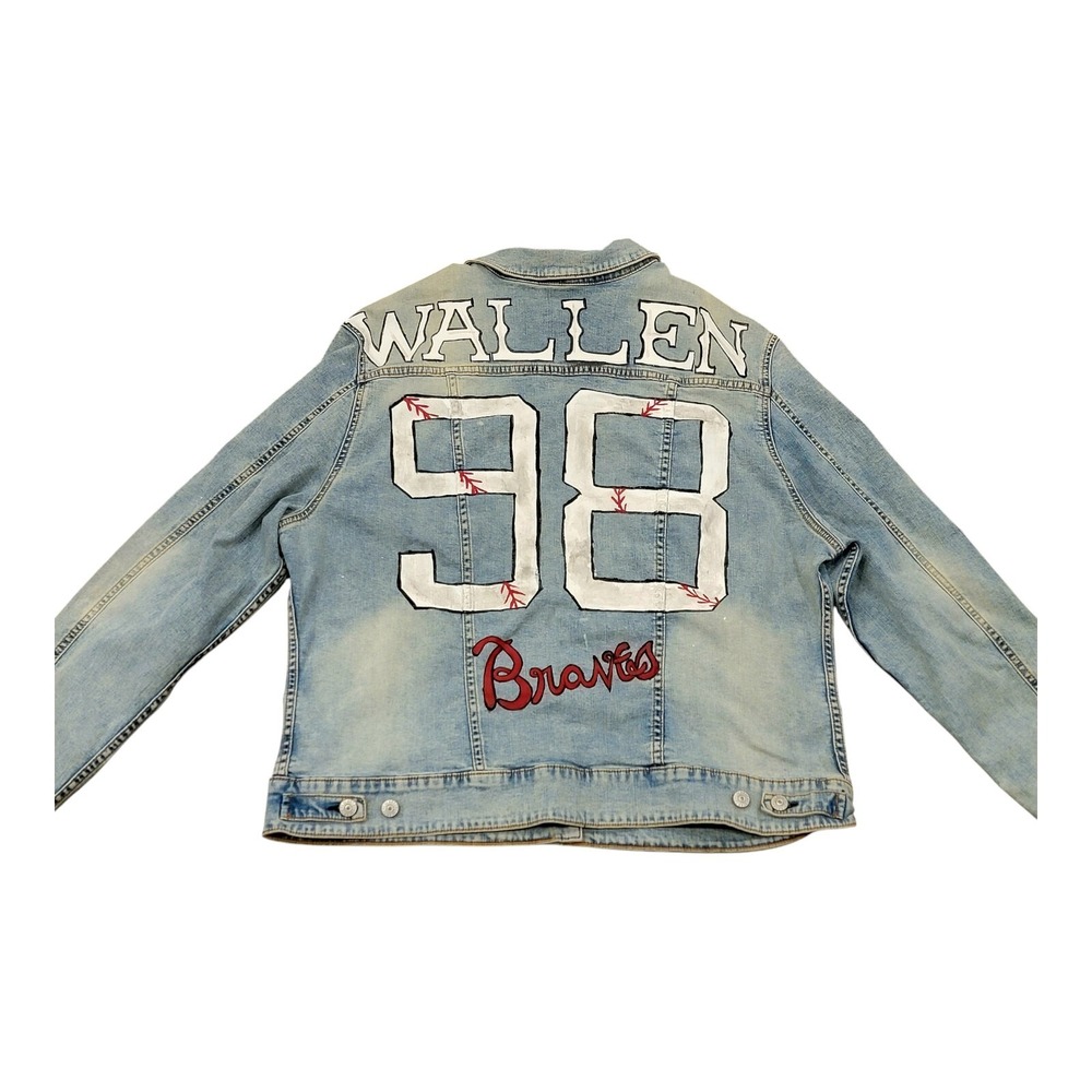 LuLaRoe Morgan Wallen 98 Braves Hand-Painted Blue Denim Jacket Womens 3XL